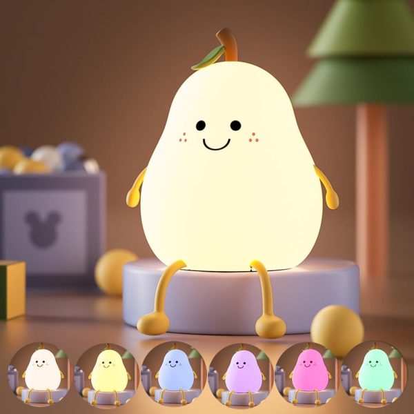 Cute  Night Light, Nursery Pear Lamps with Silicone USB Rechargeable Touch Control 7 Colors for Kids, Adults, Camping, Party Room Decor