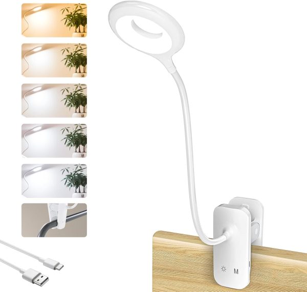 Clip on Reading Light for Bed Headboard, Rechargeable Battery Clamp on Bunk Bed Light, 5 Colors 5 Brightness Flexible Neck Desk Lamp, Eye Protect  Touch Control Book Lights at Night for Kids