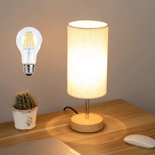 Bedside Lamp with USB Port Touch Control Table Nightlight for Bedroom Wood 3 Way Dimmable Nightstand with Round Flaxen Fabric Shade for Living Room, Dorm, Home Office